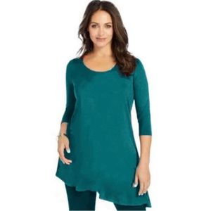 Slinky Brand Teal tunic with asymmetric hem & 3/4 sleeves Size Med